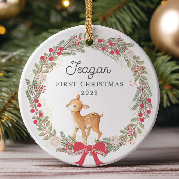 Baby's First Christmas Ornament, Deer with Wreath – Stork Wares