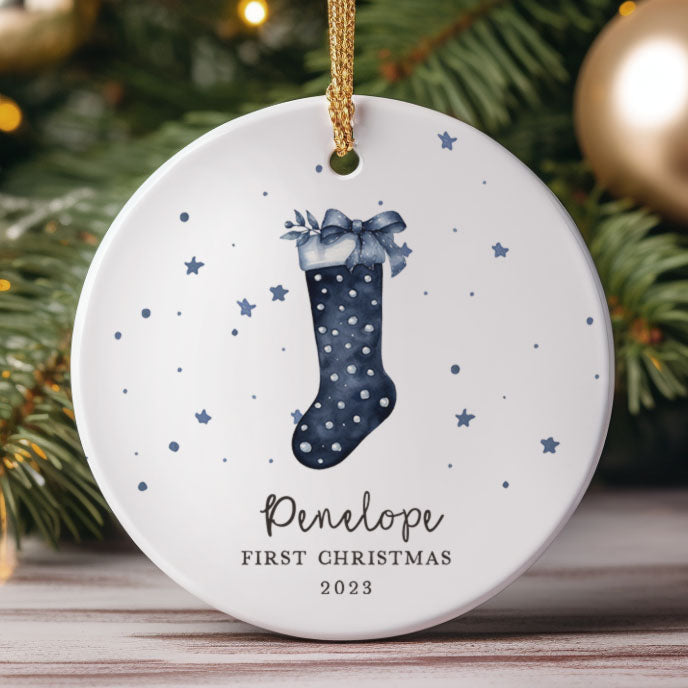 Baby's First Christmas Ornament, Dark Blue Stocking – Stork Wares