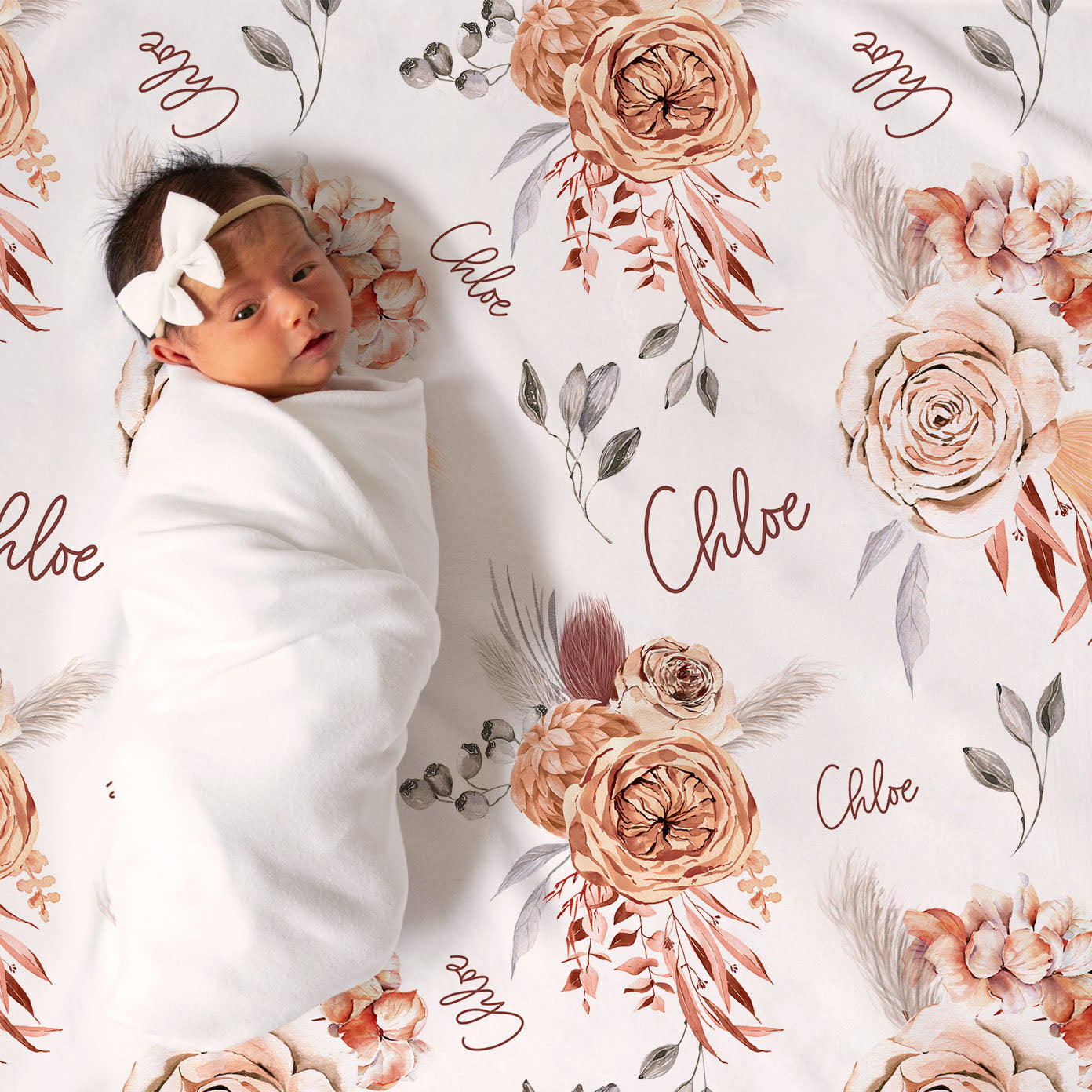 Floral Personalised Pram Blankets Boho Caramel Floral Personalized